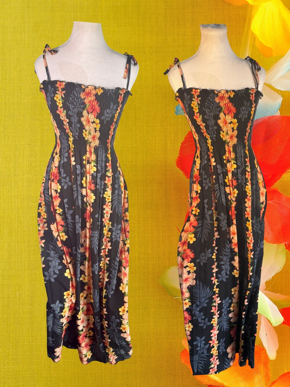 Vintage 90s Royal Creations Black Coral Yellow Hibiscus Tropical Sundress OS